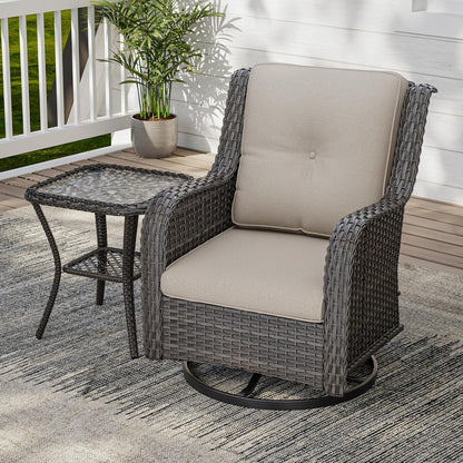 2 Pieces Outdoor Swivel Rocker Patio Chairs Set - Outdoor Wicker Patio Conversation Sets with 1 Side Table, Olefin Fabric Cushions Suitable for Backyard Deck and Porch, Beige