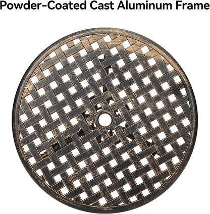 24" Outdoor Round Patio Bistro Table, Cast Aluminum Outdoor Cafe Table with 2 inch Umbrella Hole for Porch,Backyard,Garden, (Classic Square Pattern, Brown)