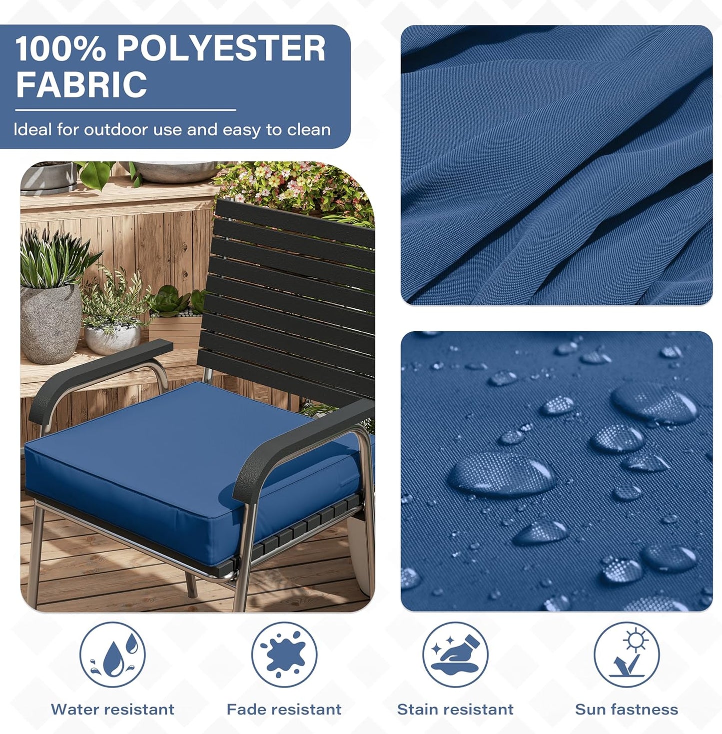 Patio Chair Cushions 22 X 22 X 4 Inch Waterproof Outdoor Seat Cushions for Patio Furniture, Outdoor Sofa Couch Pads with Ties & Handle, Set of 2, Blue