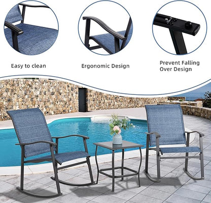 Vongrasig 3 Piece Outdoor Rocking Bistro Set, Textilene Fabric Small Patio Furniture Set, Front Porch Rocker Chairs Conversation Set with Glass Table for Lawn, Garden, Balcony, Poolside (Denim Blue)