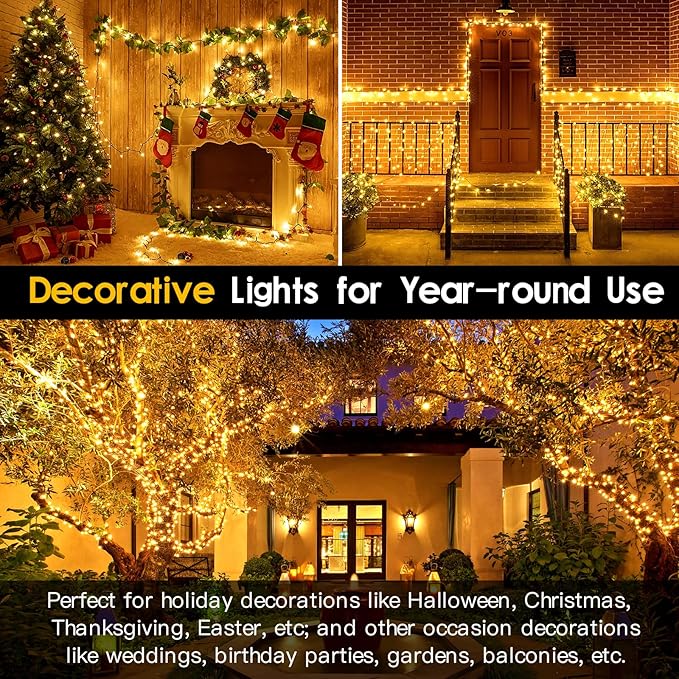 Techip 300 LED Halloween Christmas Lights Outdoor, Warm White Christmas Tree Lights Outside Waterproof Twinkle Lights Green Wire Connectable Plug in String Lights Indoor 108FT 8 Modes for House Decor