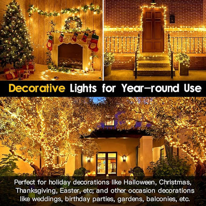 Techip 300 LED Halloween Christmas Lights Outdoor, Warm White Christmas Tree Lights Outside Waterproof Twinkle Lights Green Wire Connectable Plug in String Lights Indoor 108FT 8 Modes for House Decor