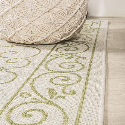 JONATHAN Y SMB106I-28 Charleston Vintage Filigree Textured Weave Indoor Outdoor Runner Rug, Bohemian Coastal Traditional Easy Cleaning,Bedroom,Kitchen,Backyard,Patio,Non Shedding, 2 X 8, Cream/Green