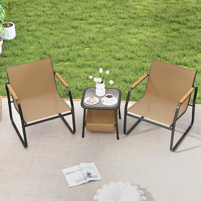Tangkula 3 Pieces Patio Furniture Set, Outdoor Bistro Conversation Set with Breathable Mesh Fabric and Metal Frame, Front Porch Table and Chairs Set for Balcony, Garden, Lawn and Backyard (Brown)
