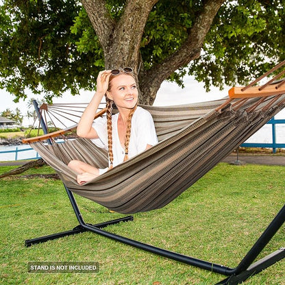 SUNCREAT Hammocks Double Hammock with Curved Spreader Bar, Outdoor Camping Portable Hammock with Carrying Bag & Tree Straps for Patio, Backyard, Balcony, Max 450lbs Capacity, Brown