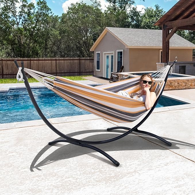 SUNCREAT 2 Person Hammock with Stand, Heavy Duty Free Standing Hammock with Stand Included, Coffee Stripes