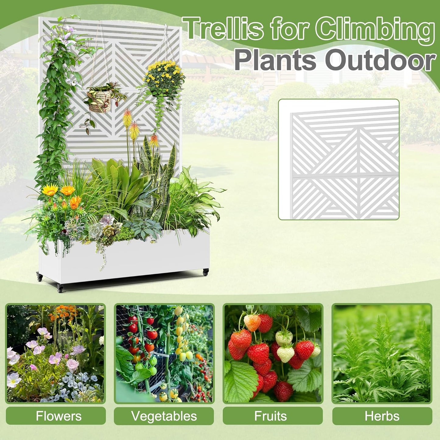 Raised Garden Bed with Trellis and Wheels,73"x47"x16" Metal Raised Garden Bed,White Diamond Metal Planter with Climbing Trellis for Vines & Vegetables