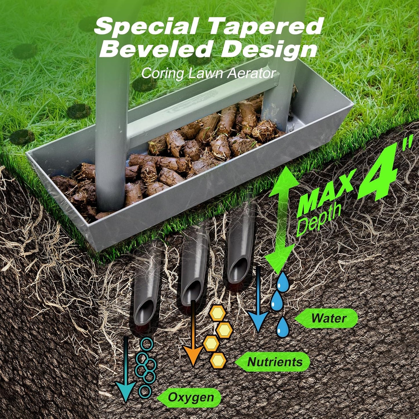 Walensee Lawn Aerator Coring Tool with Soil Core Storage Tray, 38.2" Manual Yard Plug Aerator with 3 Tines, Grass Aeration Gardening Tool with Cleaning Tool for Lawn Care and Compacted Soil