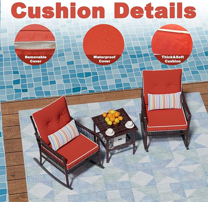 DECMICO Outdoor Rocking Chairs 3 Pieces Patio Conversation Front Porch Furniture, Wicker Rocking Chairs Bistro Set with Coffee Table and Cushions for Garden and Balcony, Orange