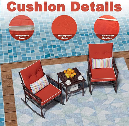 DECMICO Outdoor Rocking Chairs 3 Pieces Patio Conversation Front Porch Furniture, Wicker Rocking Chairs Bistro Set with Coffee Table and Cushions for Garden and Balcony, Orange