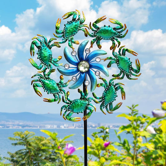 39" Crab Wind Spinners Metal Windmill Garden Stake,Ocean Theme Outdoor Wind Spinner,Wind Sculptures Yard Art Decorations for Patio,Lawn & Garden Decor