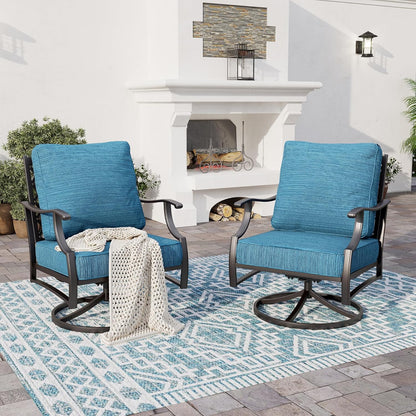 Metal Outdoor Swivel Patio Chairs Set of 2 with 5.75" Extra Thick Cushion, 2 Piece High Back Swivel Rocker Patio Chairs Outdoor Furniture Seating for Deck Balcony Front Porch, Blue-2