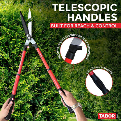 TABOR TOOLS B212A Telescopic Hedge Shears with Wavy Blade and Extendable Steel Handles. Extendable Manual Hedge Clippers for Trimming Borders, Boxwood, and Tall Bushes.
