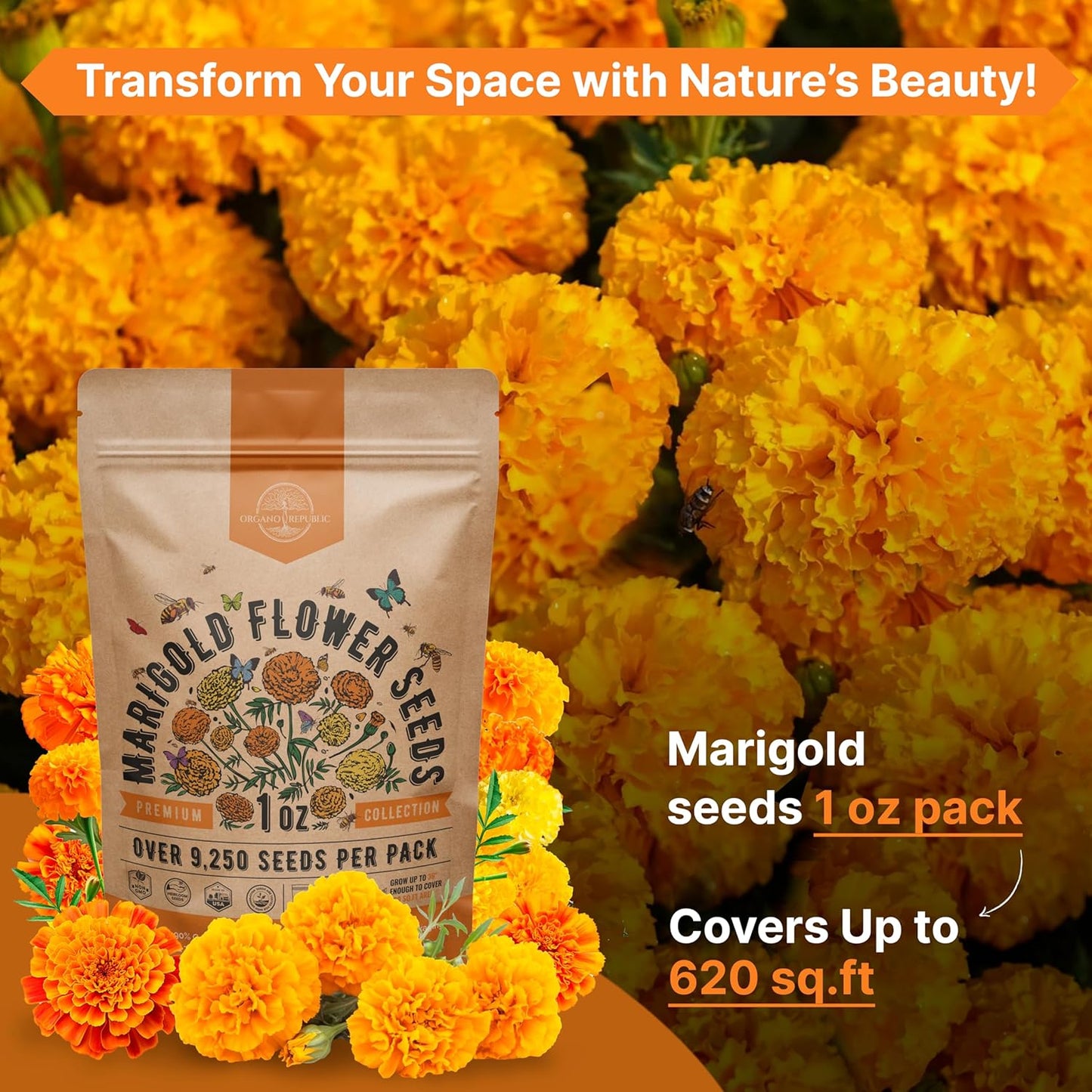 Marigold Seeds Pack 1 oz - Over 9,250 Non-GMO Heirloom Marigold Seeds for Planting Indoor & Outdoor Gardening, Flower Seed for Planting Home and Garden, Flowers Seed in Individual Packet