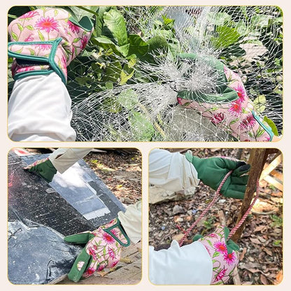 Gardening Gloves for Women, Garden Gloves with Touch Screen, Thorn Proof Puncture Resistant Working Gloves, Gardening Gifts for Women (Green with Pink Flowers, Medium)