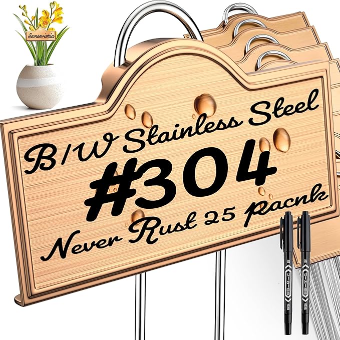 Stainless Steel 304 Plant Labels Weatherproof, Metal Garden Label Tall Markers 25 Pack for Plants Vegetables Herb Seedlings Flowers with 2 Pens, Height 10.75 Inch, Label Area 3.74'' x 1.39''