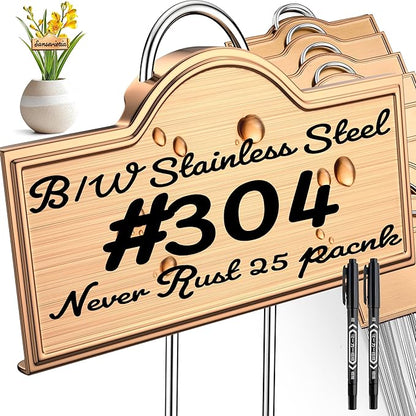 Stainless Steel 304 Plant Labels Weatherproof, Metal Garden Label Tall Markers 25 Pack for Plants Vegetables Herb Seedlings Flowers with 2 Pens, Height 10.75 Inch, Label Area 3.74'' x 1.39''
