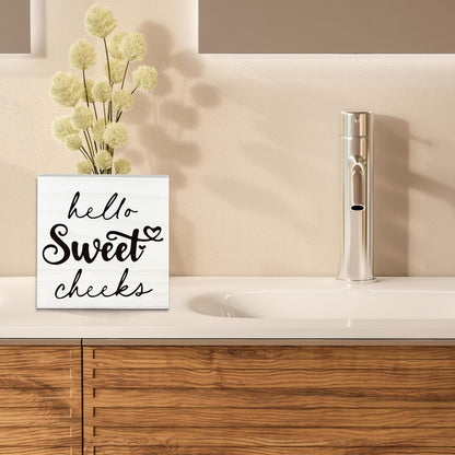 Hello Sweet Cheeks Wooden Sign - Funny White Block Plaque Desk Decoration - 5x5 inches Rustic Wood Block Gifts for Friends Family - Restroom Bathroom Toilet Tabletop Favors & Supplies-A08