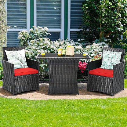 Tangkula 3 Pieces Patio Dining Set, Space-Saving PE Rattan Bistro Set with Tempered Glass Top Table and Cushioned Chairs, Outdoor Conversation Set for Garden Backyard Poolside Porch (Red)