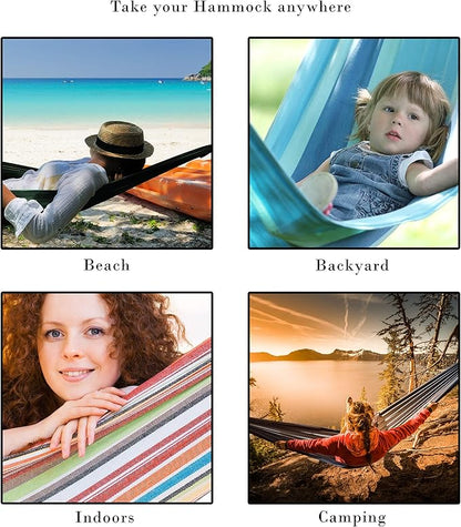 Pure Garden Double Brazilian Hammock with Stand– Woven Cotton, 2-Person, Outdoor Swing with Frame for Camping, Backyard or Patio (Blue Stripes)