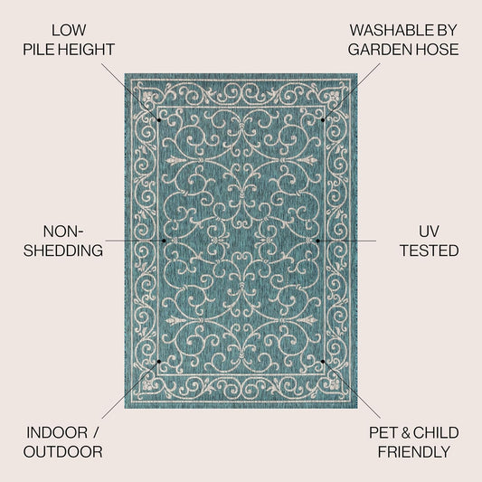 JONATHAN Y SMB106F-6SQ Charleston Vintage Filigree Textured Weave Teal/Gray 6' Square Indoor/Outdoor Area Rug, Pet Friendly, Non-Shedding, Stain Resistant, Easy-Cleaning for Backyard, Patio, Porch