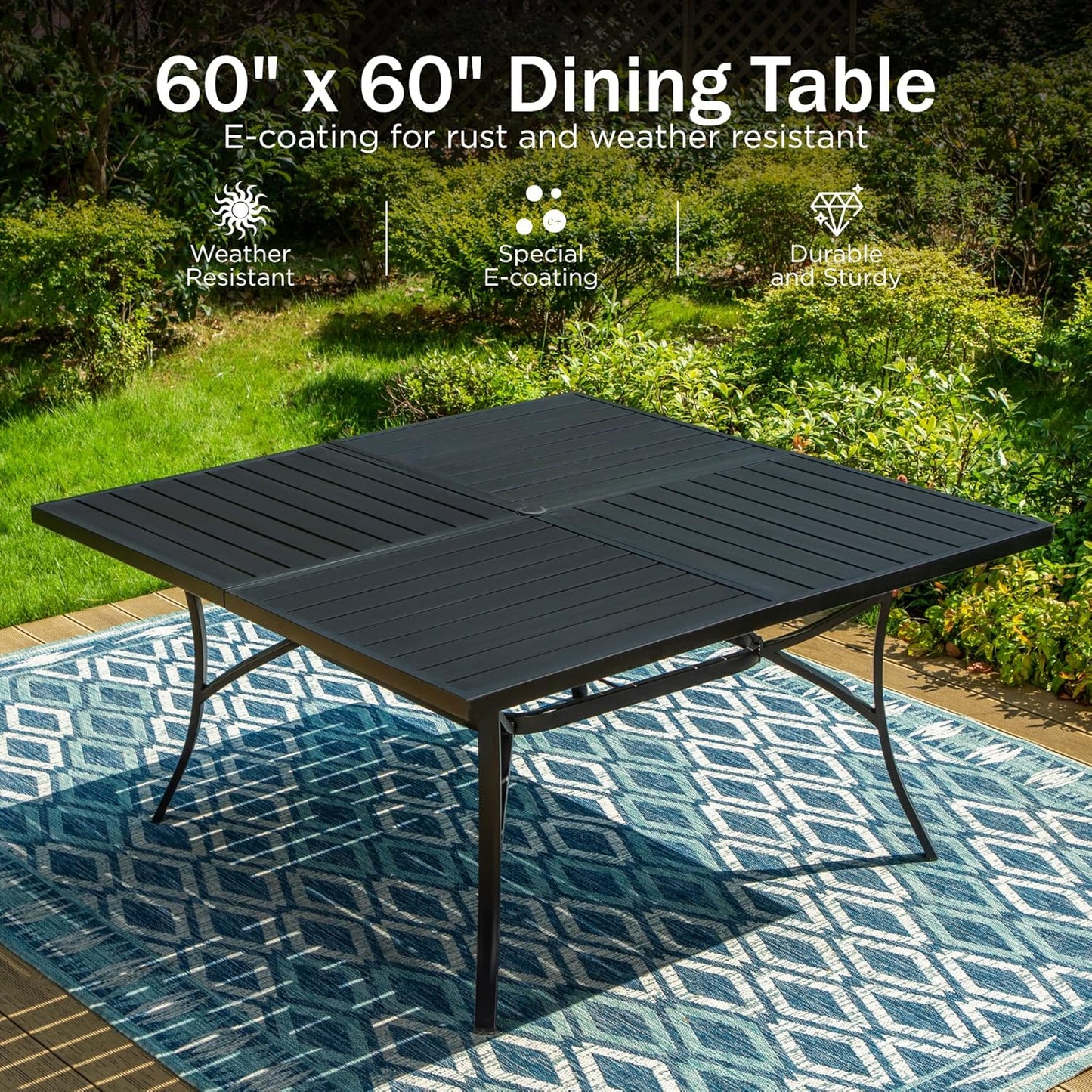 PHI VILLA Large Outdoor Square Dining Table for 8, 60" Metal Steel Slat Table with Umbrella Hole, Weather-Resistant Dining Fruniture for Patio, Deck, Backyard, Porch - Black