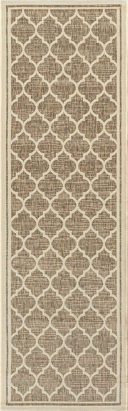 Eyely BMS109A-28 Santa Monica Trebol Moroccan Trellis Textured Weave Indoor/Outdoor Runner Rug Coastal;Bohemian, Bedroom, Backyard, Patio, Easy-Cleaning, Non-Shedding, 2 X 8, Brown/Beige
