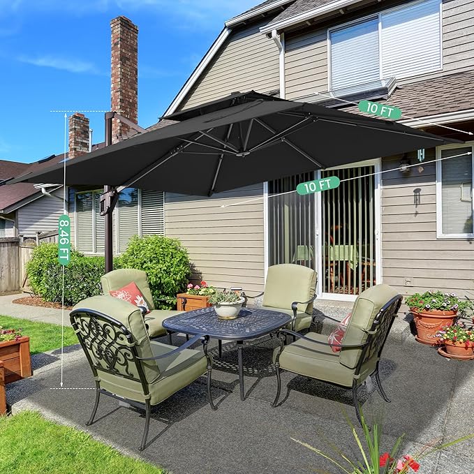 10x10 FT Cantilever Patio Umbrella Double Top Outdoor Square Large Heavy Duty Aluminum Offset Umbrellas with 7 Level Tilt 360-degree Rotation for Pool Garden Deck, Black