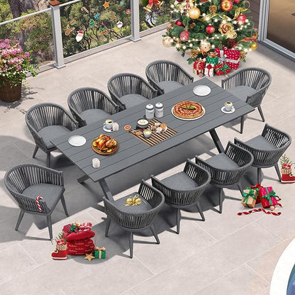 PURPLE LEAF 11 Pieces Outdoor Dining Set with Patio Aluminium Dining Table and Wicker Rattan Chairs Modern Furniture Cushions Sets for Backyard Indoor Decor Kitchen Grey