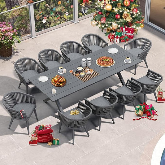 PURPLE LEAF 11 Pieces Outdoor Dining Set with Patio Aluminium Dining Table and Wicker Rattan Chairs Modern Furniture Cushions Sets for Backyard Indoor Decor Kitchen Grey