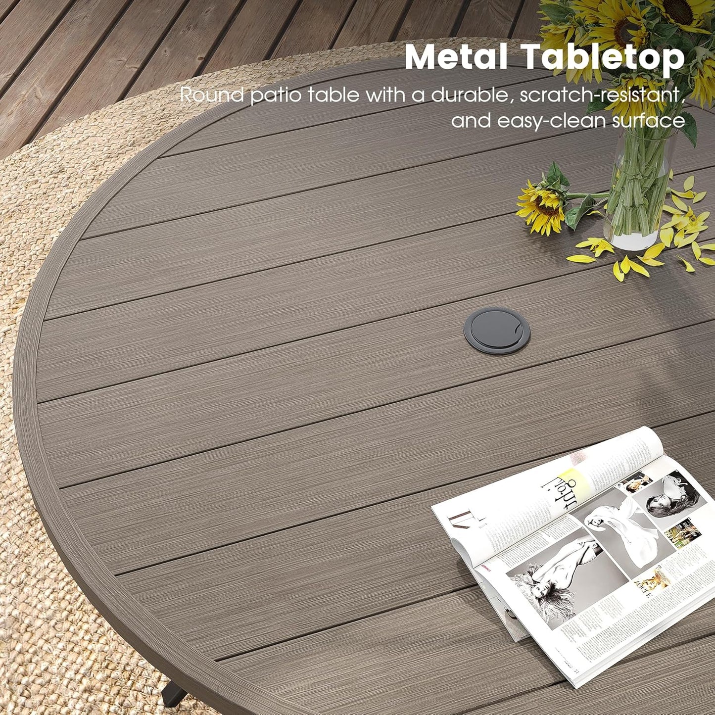 DIFY 50" Round Outdoor Patio Dining Table for 6, Metal Patio Table with 1.57" Adjustable Umbrella Hole, All-Weather Dining Furniture Table for Backyard Lawn Garden, Grey Wood-Like