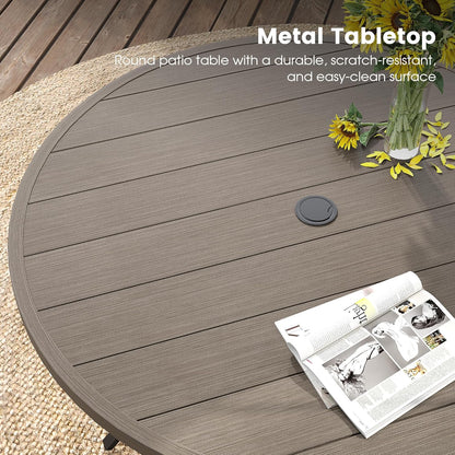 DIFY 50" Round Outdoor Patio Dining Table for 6, Metal Patio Table with 1.57" Adjustable Umbrella Hole, All-Weather Dining Furniture Table for Backyard Lawn Garden, Grey Wood-Like