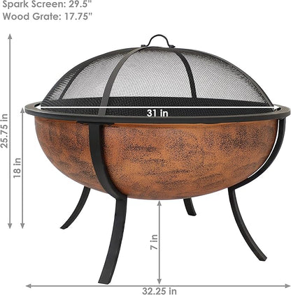 Sunnydaze 32-Inch Copper Fire Pit for Outside - Wood-Burning Fire Pit Bowl with Spark Screen, Wood Grate, and Poker
