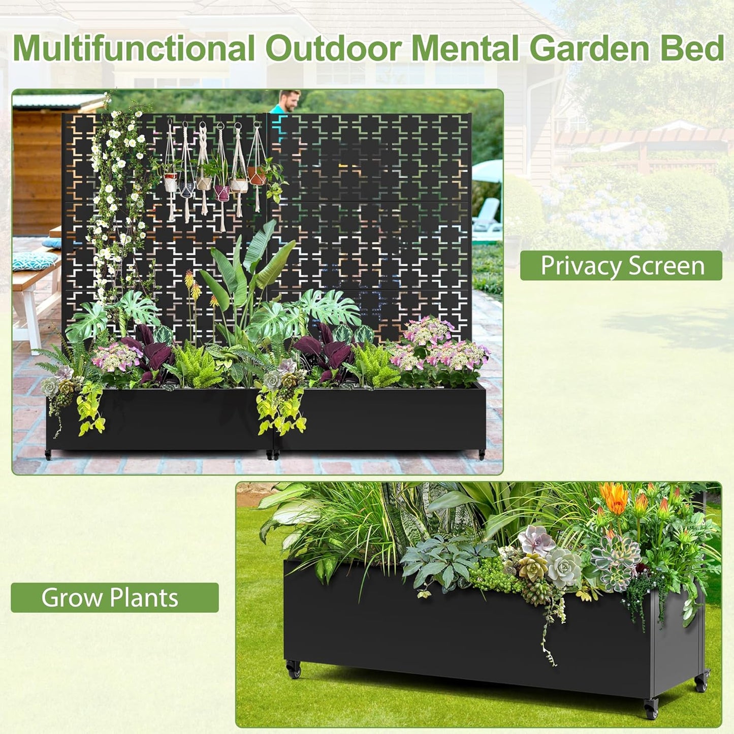 Raised Garden Bed with Trellis and Wheels,73"x47"x16" Metal Raised Garden Bed,Black Squared Metal Planter with Climbing Trellis for Vines & Vegetables
