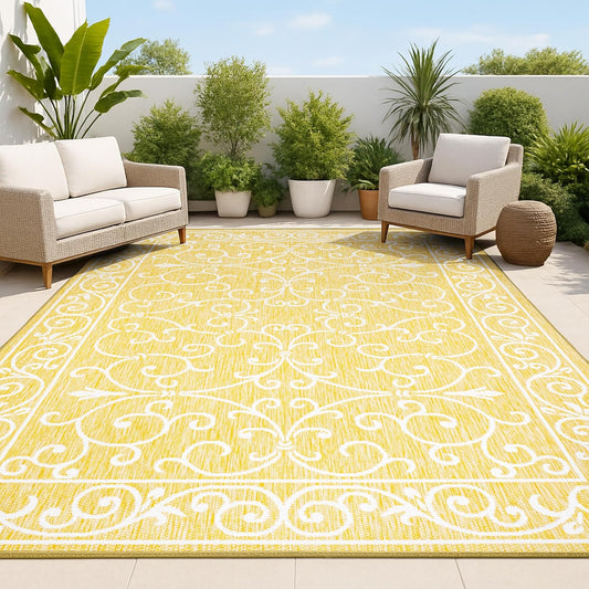 JONATHAN Y SMB106L-4 Charleston Vintage Filigree Textured Weave Indoor Outdoor Area Rug, Classic Traditional Easy-Cleaning,Bedroom,Kitchen,Backyard,Patio,Non Shedding, 4 X 6, Yellow/Cream