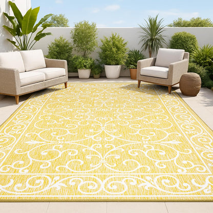 JONATHAN Y SMB106L-9 Charleston Vintage Filigree Textured Weave Indoor Outdoor Area Rug, Classic Traditional Easy-Cleaning,Bedroom,Kitchen,Backyard,Patio,Non Shedding, 9 X 12, Yellow/Cream