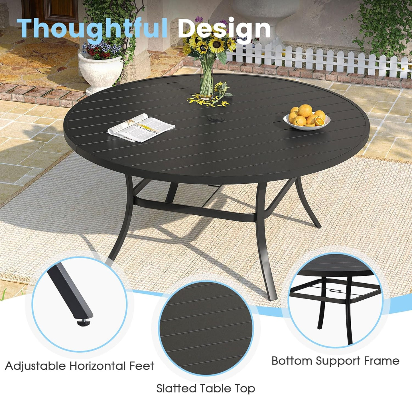 DIFY 60" Round Patio Dining Table for 8-10, Outdoor Metal Dining Table with 1.57" Umbrella Hole for Backyard Lawn Garden, Black