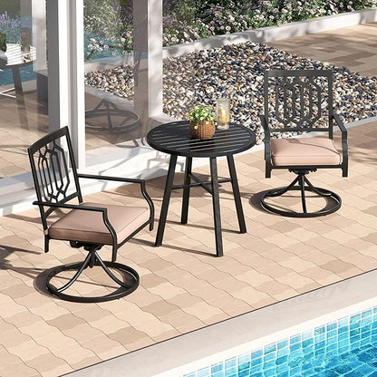 PHI VILLA 3 Piece Outdoor Bistro Set for 2, Metal Steel Round Table & Swivel Wrought Iron Chairs with Cushions, Small Furniture Conversation Set for Patio, Porch, Deck, Balcony