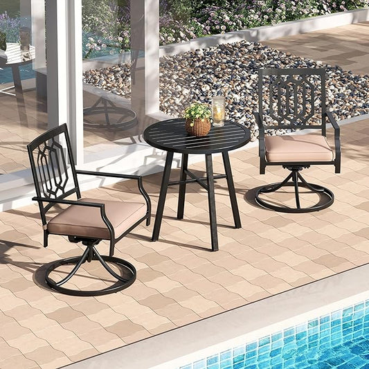 PHI VILLA 3 Piece Outdoor Bistro Set for 2, Metal Steel Round Table & Swivel Wrought Iron Chairs with Cushions, Small Furniture Conversation Set for Patio, Porch, Deck, Balcony