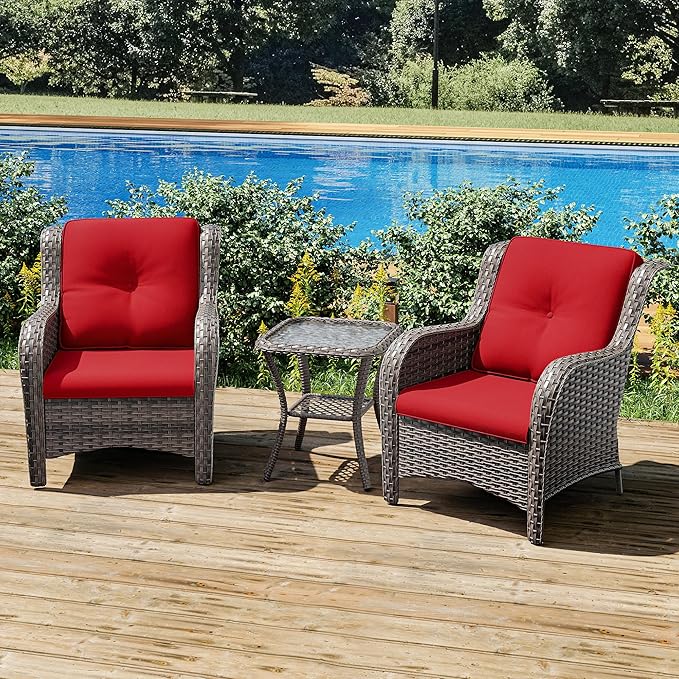 Joyside Patio Bistro Set Wicker Chairs - 3 Piece Outdoor Rattan Conversation Set with 2 Armrest Chair and 1 Side Table for Proch Deck Garden Backyard Balcony(Mixed Grey/Red)