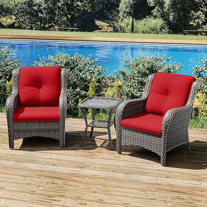 Joyside Patio Bistro Set Wicker Chairs - 3 Piece Outdoor Rattan Conversation Set with 2 Armrest Chair and 1 Side Table for Proch Deck Garden Backyard Balcony(Mixed Grey/Red)