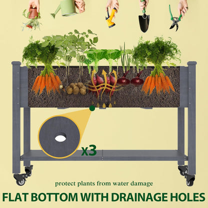 MUPATER 4 x 2 Raised Garden Bed, Elevated Garden Bed with Drainage Holes, Planter Box with Four Wheels and Legs for Herbs and Vegetables, Greenhouse, Garden, Farm, Gray