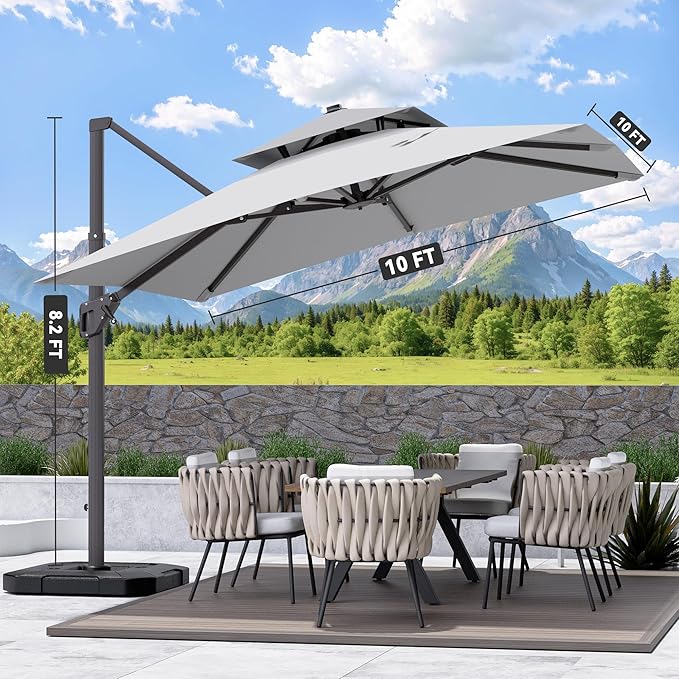 10' X 10' Cantilever Patio Umbrella Outdoor Heavy Duty Double Top Windproof Square Offset Umbrellas with 360-degree Rotation for Pool Deck Backyard, Foggy Grey