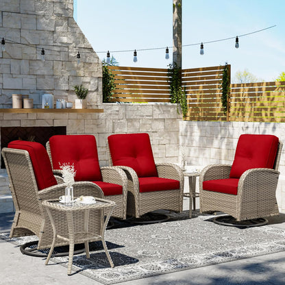 Joyside Outdoor Swivel Rocker Chairs, 6 Piece Wicker Patio Set with Thick Cushion and Side Table, Rattan Patio Swivel Rocking Chairs for Porch, Deck Use (Natural/Red, 6 PCS)