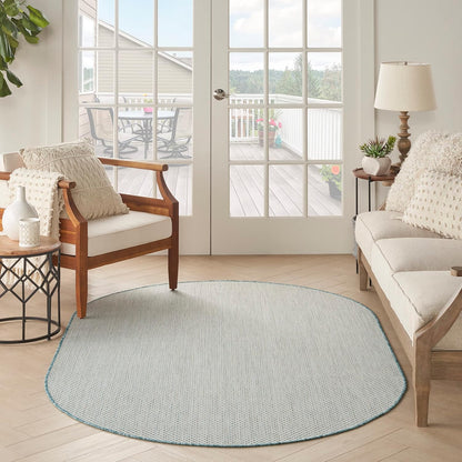 Nourison Home Courtyard Indoor/Outdoor Ivory/Aqua 5' x 8' Oval Area Rug, Easy Cleaning, Non Shedding, Bed Room, Living Room, Dining Room, Backyard, Deck, Patio (5x8 Oval)