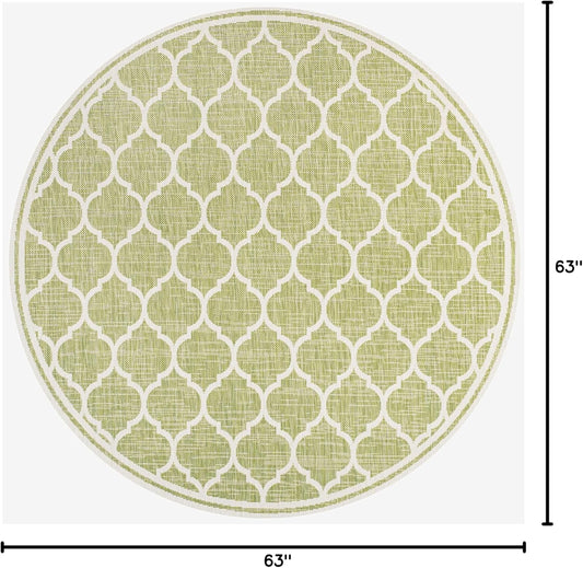 Eyely BMS109G-5R Santa Monica Trebol Moroccan Trellis Textured Weave Indoor/Outdoor Area Rug Coastal;Bohemian, Bedroom, Backyard, Patio, Easy-Cleaning, Non-Shedding, 5' Round, Green/Cream