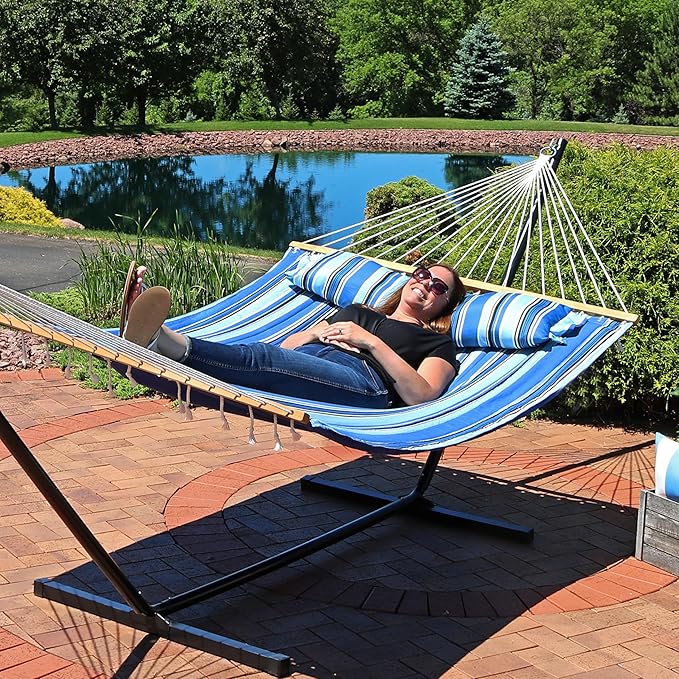 Sunnydaze Quilted Outdoor Hammock with Spreader Bars - Heavy-Duty 450-Pound Capacity Double Hammock for Outside - Misty Beach