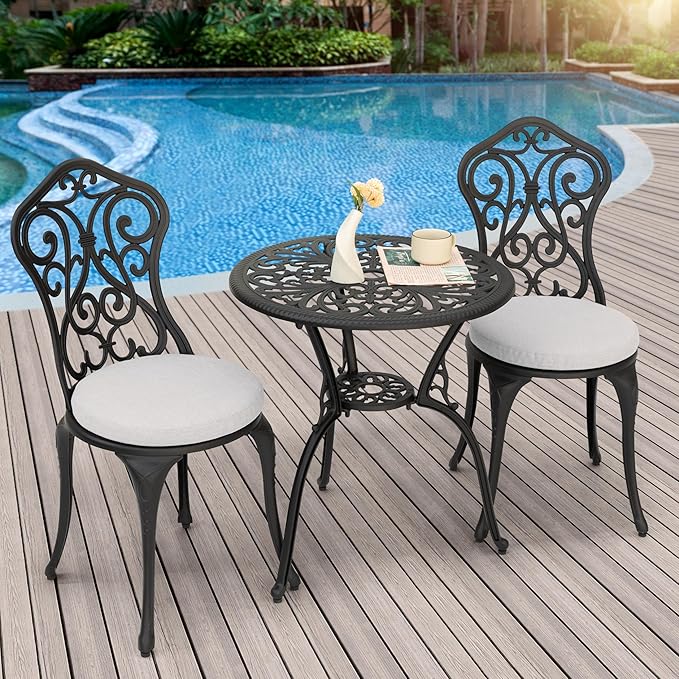 NUU GARDEN 3 Piece Outdoor Bistro Table Set, All Weather Cast Aluminum Patio Bistro Sets Patio Table and Chairs Set of 2 with Umbrella Hole for Yard, Garden, Balcony, Black