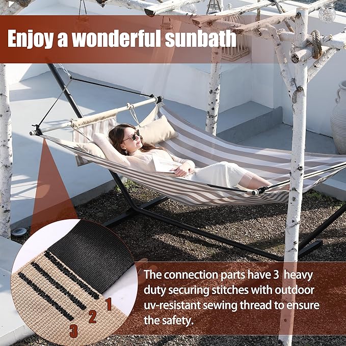 TegerDeger Anti-flip 12FT Hammock Large Hammock 450LB Capacity with Iron Spreader Bar & Nylon Rope for Outside, Patio, Garden, Backyard, Beach - Beige Strips