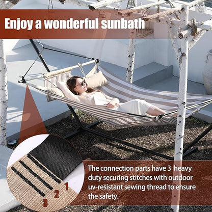 TegerDeger Anti-flip 12FT Hammock Large Hammock 450LB Capacity with Iron Spreader Bar & Nylon Rope for Outside, Patio, Garden, Backyard, Beach - Beige Strips